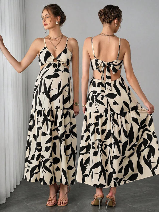 Multicolor Abstract Print Maternity Maxi Dress - Boho Side Cutout Spaghetti Strap Cami Dress - High Waist Flared Beach Long Dress