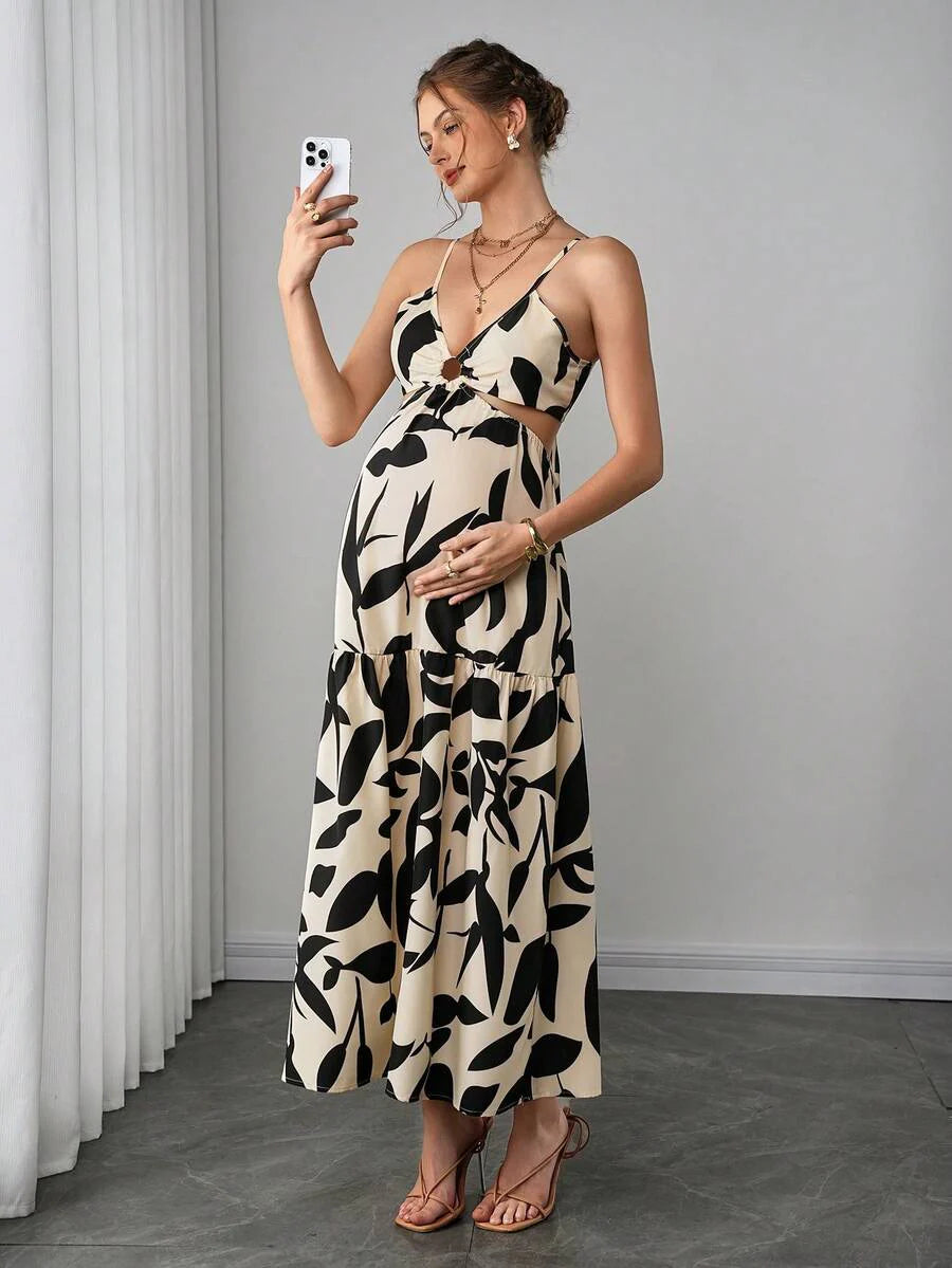 Multicolor Abstract Print Maternity Maxi Dress - Boho Side Cutout Spaghetti Strap Cami Dress - High Waist Flared Beach Long Dress