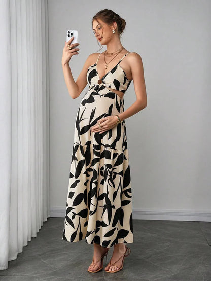 Multicolor Abstract Print Maternity Maxi Dress - Boho Side Cutout Spaghetti Strap Cami Dress - High Waist Flared Beach Long Dress
