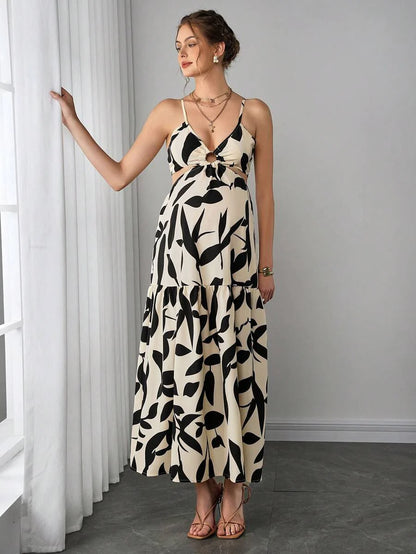 Multicolor Abstract Print Maternity Maxi Dress - Boho Side Cutout Spaghetti Strap Cami Dress - High Waist Flared Beach Long Dress