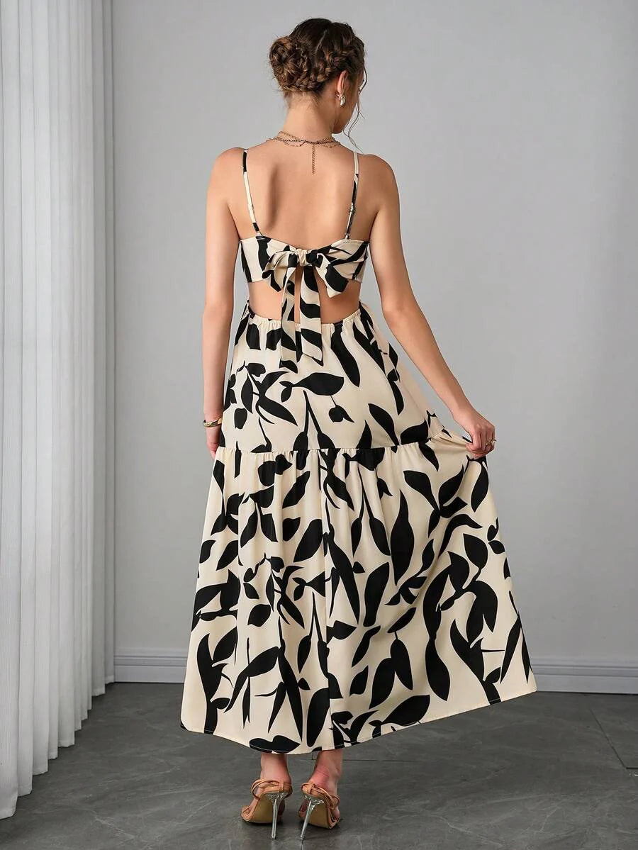 Multicolor Abstract Print Maternity Maxi Dress - Boho Side Cutout Spaghetti Strap Cami Dress - High Waist Flared Beach Long Dress