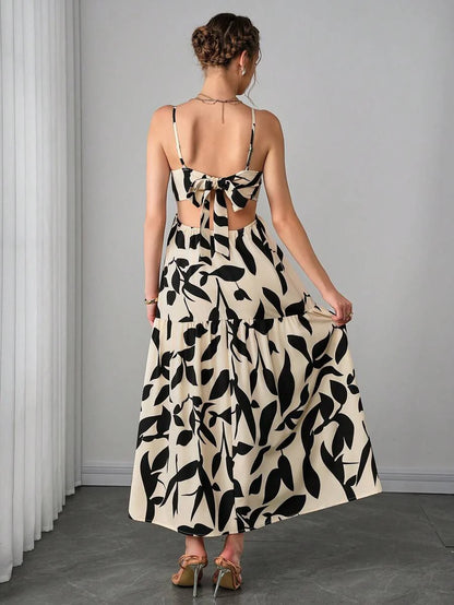 Multicolor Abstract Print Maternity Maxi Dress - Boho Side Cutout Spaghetti Strap Cami Dress - High Waist Flared Beach Long Dress