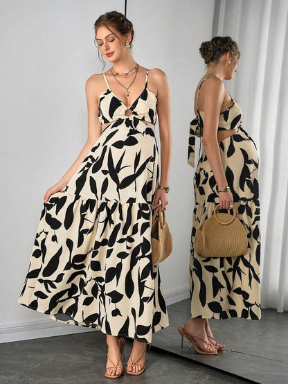 Multicolor Abstract Print Maternity Maxi Dress - Boho Side Cutout Spaghetti Strap Cami Dress - High Waist Flared Beach Long Dress