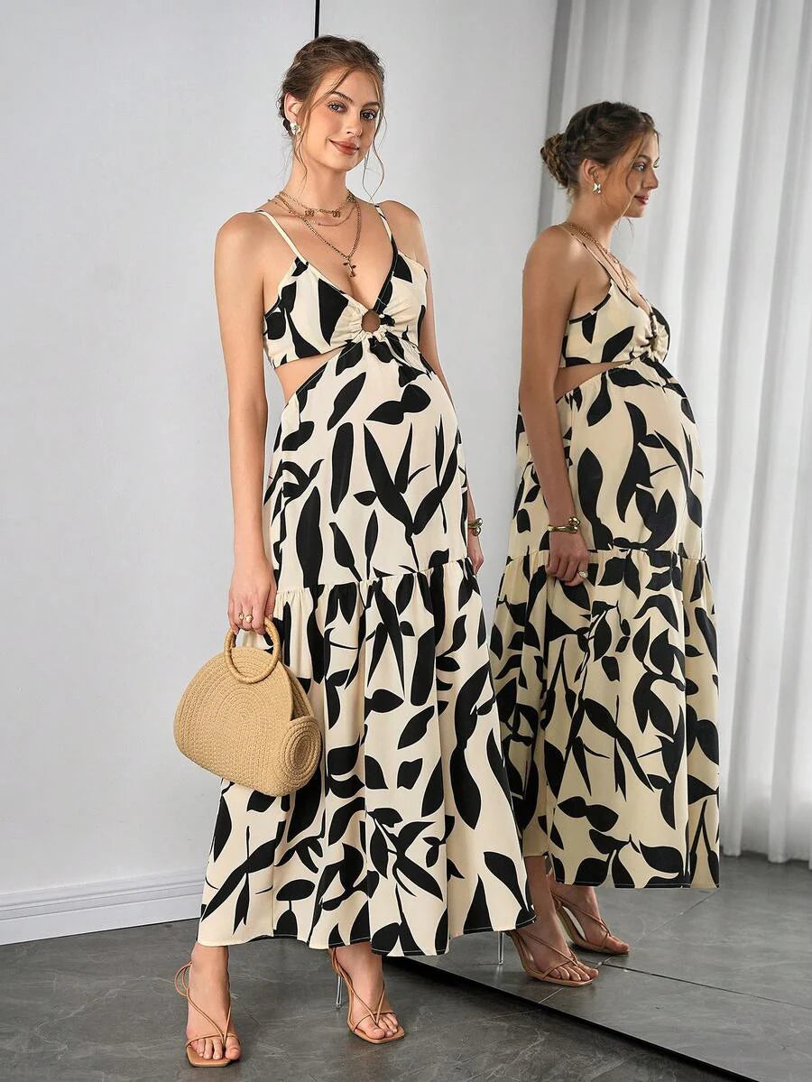 Multicolor Abstract Print Maternity Maxi Dress - Boho Side Cutout Spaghetti Strap Cami Dress - High Waist Flared Beach Long Dress