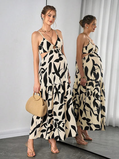 Multicolor Abstract Print Maternity Maxi Dress - Boho Side Cutout Spaghetti Strap Cami Dress - High Waist Flared Beach Long Dress