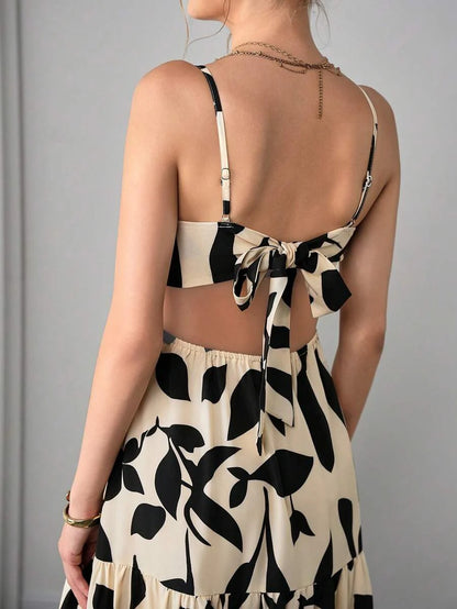 Multicolor Abstract Print Maternity Maxi Dress - Boho Side Cutout Spaghetti Strap Cami Dress - High Waist Flared Beach Long Dress