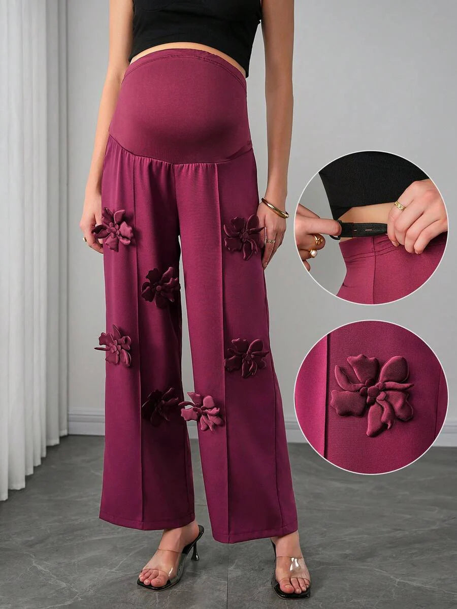 Maternity Floral Straight Leg Pants - 3D Floral Decor, Belly Support, Natural Waist, Burgundy
