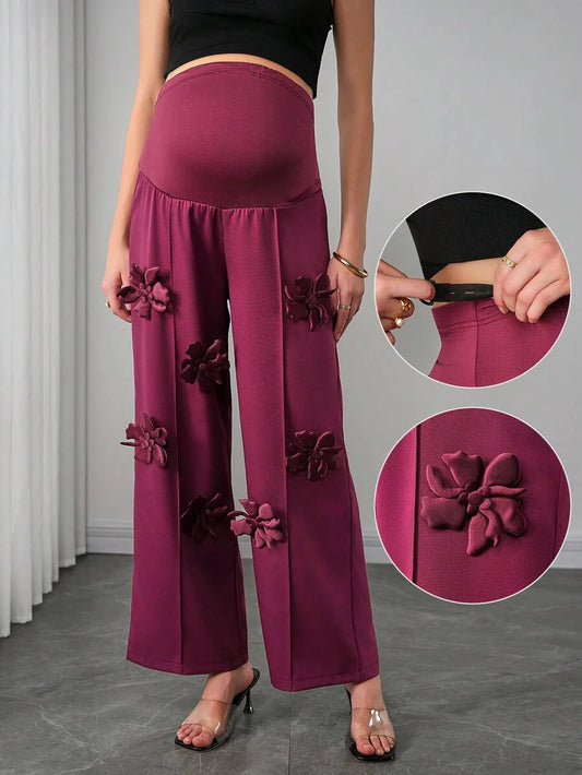 Maternity Floral Straight Leg Pants - 3D Floral Decor, Belly Support, Natural Waist, Burgundy