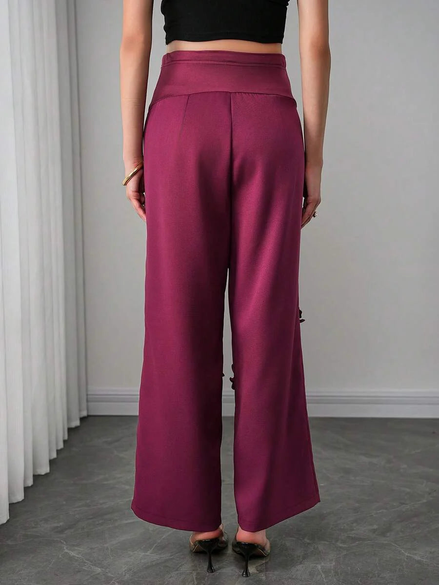 Maternity Floral Straight Leg Pants - 3D Floral Decor, Belly Support, Natural Waist, Burgundy