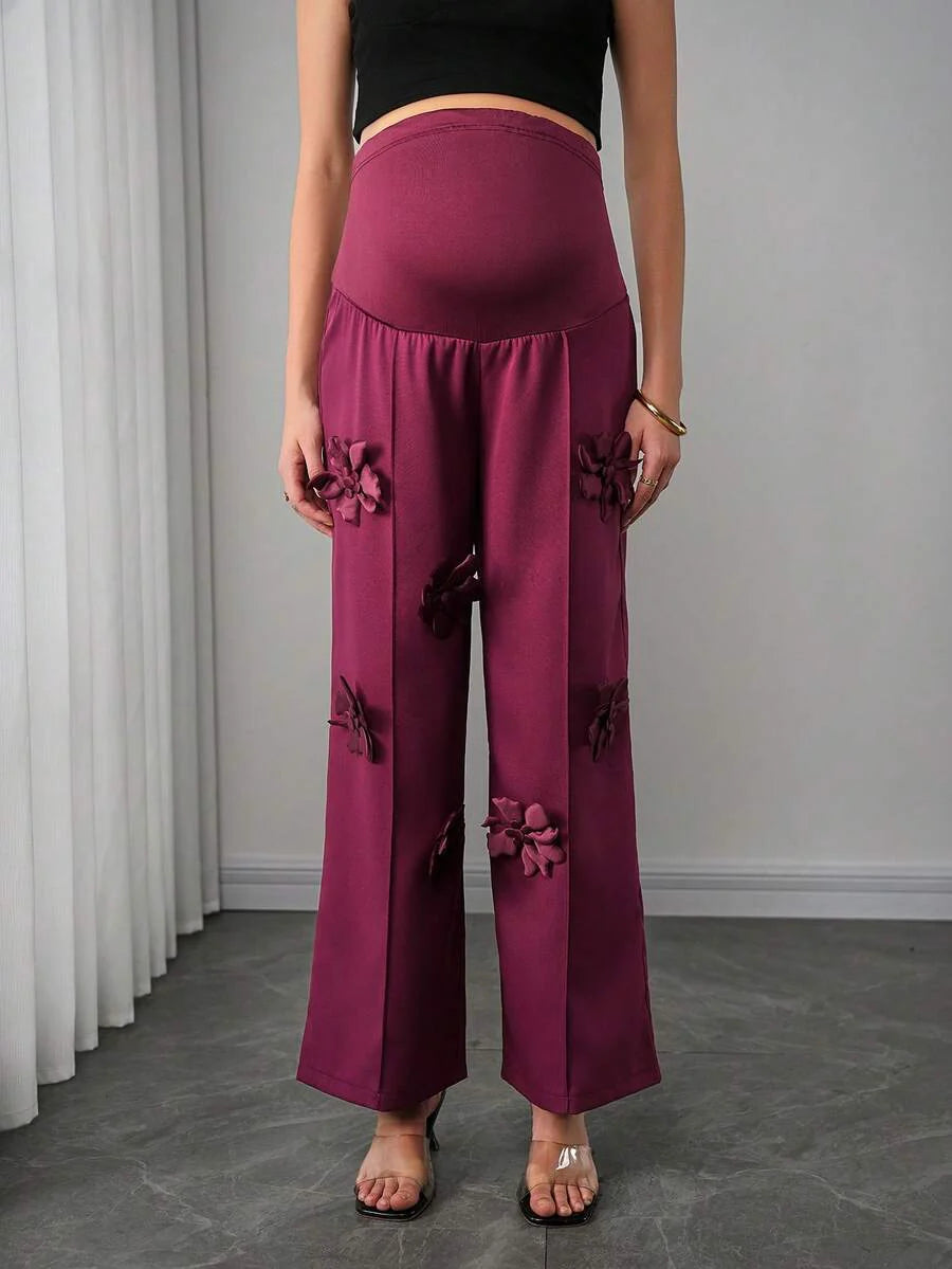 Maternity Floral Straight Leg Pants - 3D Floral Decor, Belly Support, Natural Waist, Burgundy