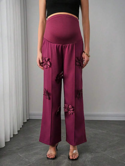 Maternity Floral Straight Leg Pants - 3D Floral Decor, Belly Support, Natural Waist, Burgundy