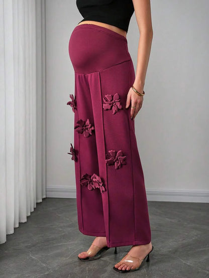 Maternity Floral Straight Leg Pants - 3D Floral Decor, Belly Support, Natural Waist, Burgundy