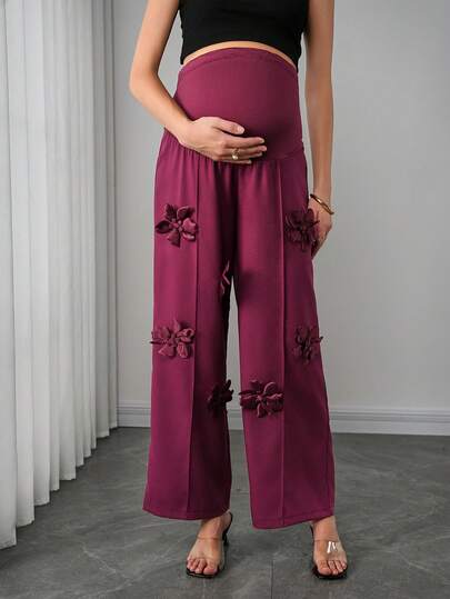 Maternity Floral Straight Leg Pants - 3D Floral Decor, Belly Support, Natural Waist, Burgundy