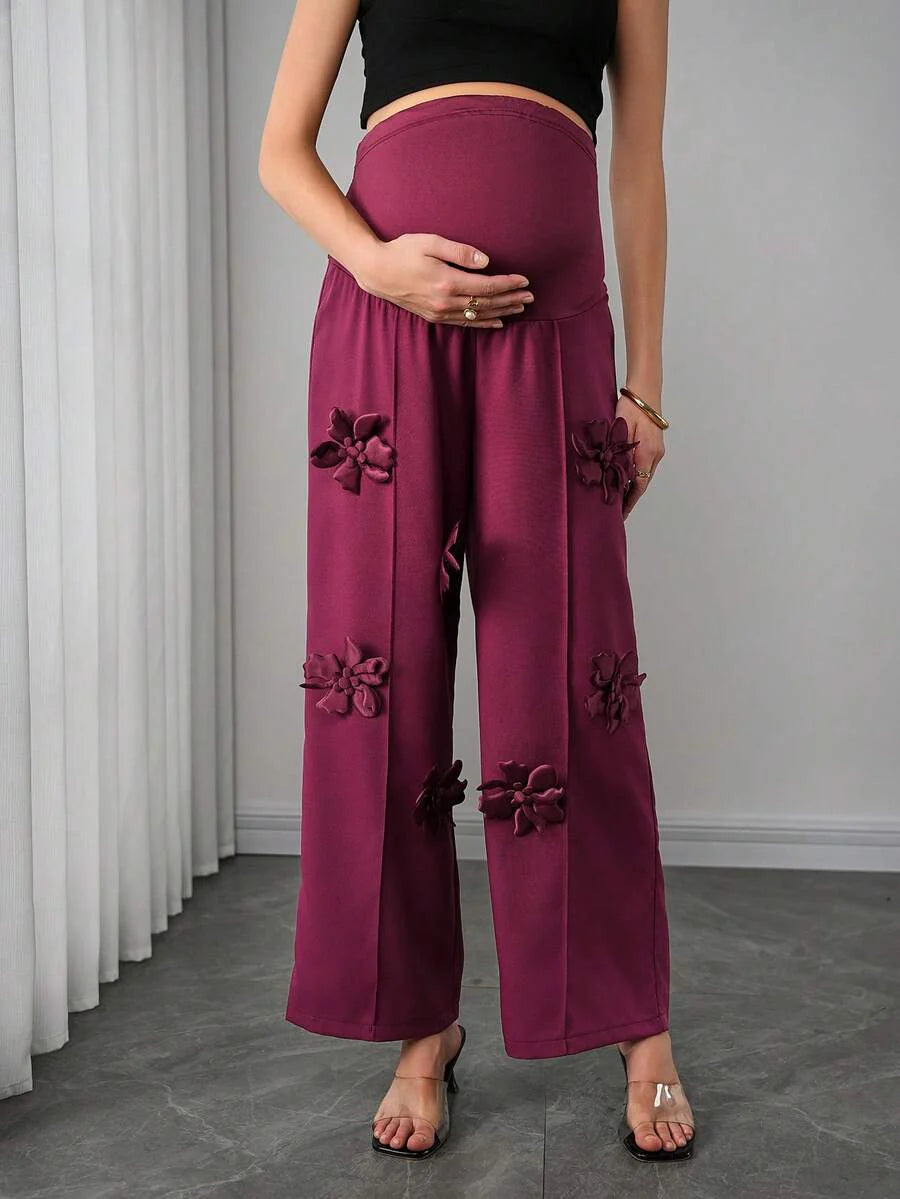 Maternity Floral Straight Leg Pants - 3D Floral Decor, Belly Support, Natural Waist, Burgundy