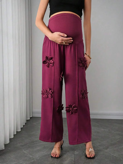 Maternity Floral Straight Leg Pants - 3D Floral Decor, Belly Support, Natural Waist, Burgundy
