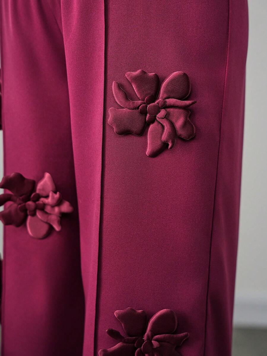 Maternity Floral Straight Leg Pants - 3D Floral Decor, Belly Support, Natural Waist, Burgundy