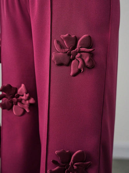 Maternity Floral Straight Leg Pants - 3D Floral Decor, Belly Support, Natural Waist, Burgundy