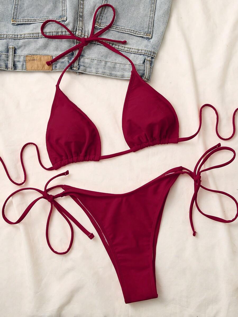 Swim Mod Women's Solid Color Halter Neck Bikini Set, Summer Vacation Beach