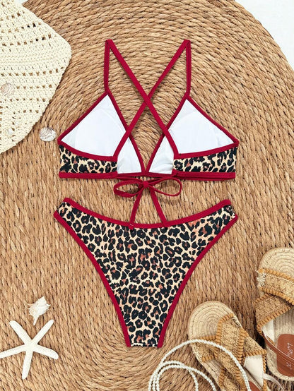 Women's Sporty Triangle Bikini Set - Contrasting Trim, Criss Cross, Spaghetti Strap, Navy Blue
