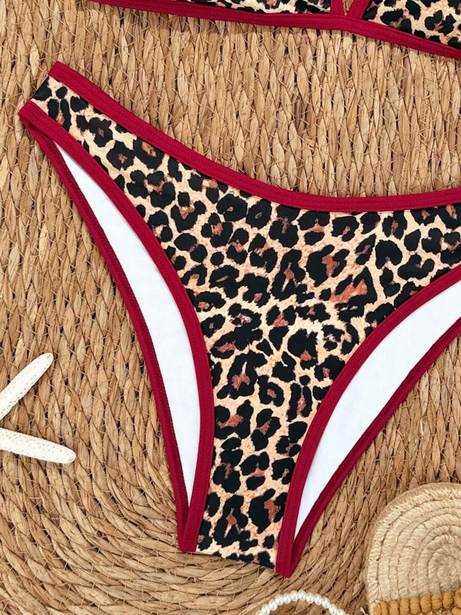 Women's Sporty Triangle Bikini Set - Contrasting Trim, Criss Cross, Spaghetti Strap, Navy Blue