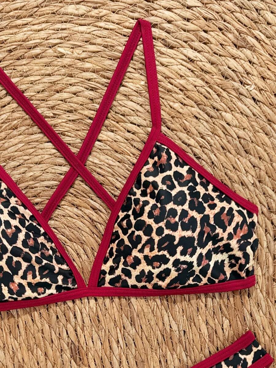 Women's Sporty Triangle Bikini Set - Contrasting Trim, Criss Cross, Spaghetti Strap, Navy Blue