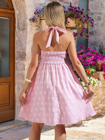 Beige Plaid & Daisy Print Halter Maternity Jumpsuit – Boho High Waist Backless Mini Romper with Shirred Details and Flared Hem