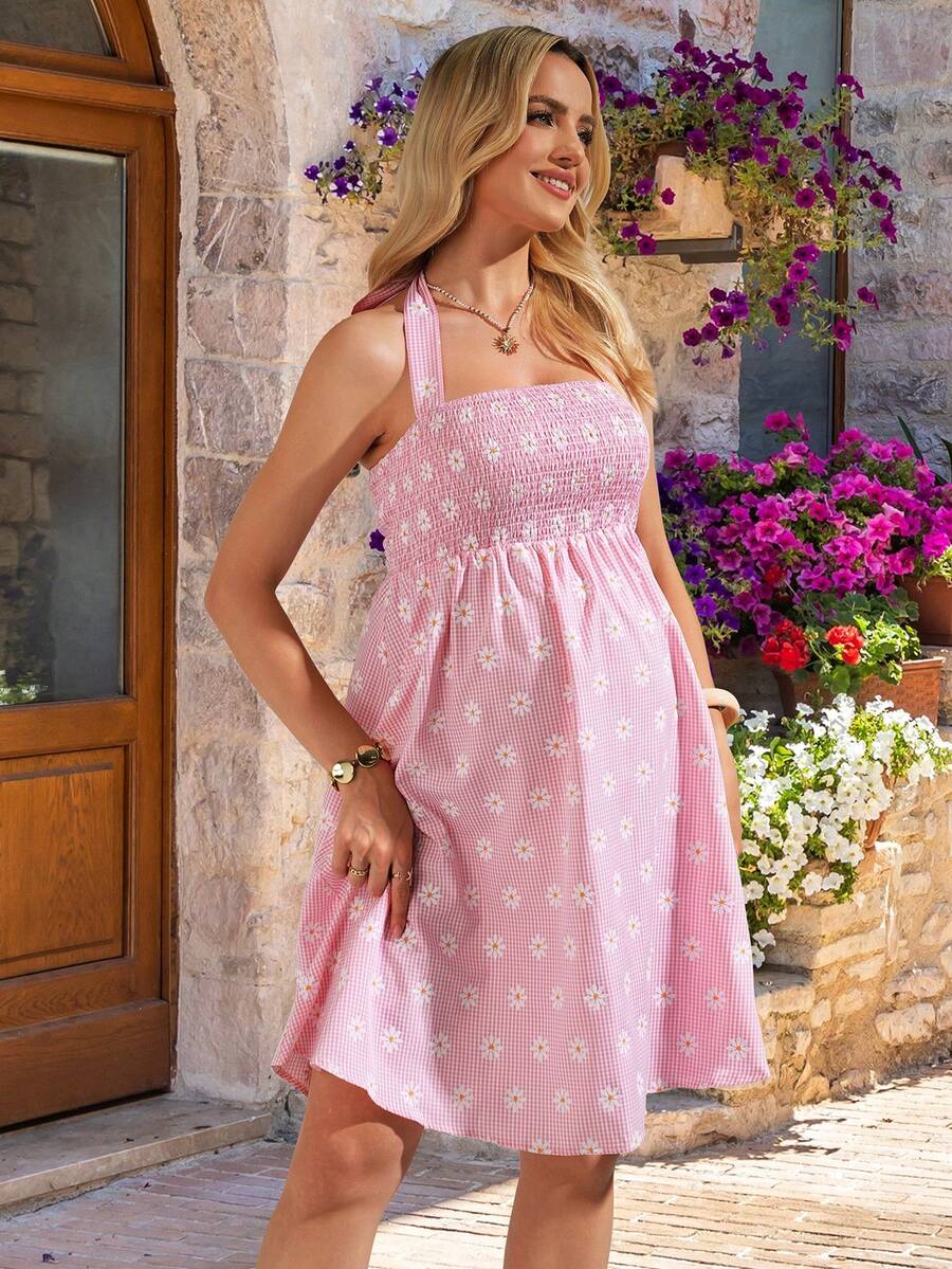 Beige Plaid & Daisy Print Halter Maternity Jumpsuit – Boho High Waist Backless Mini Romper with Shirred Details and Flared Hem