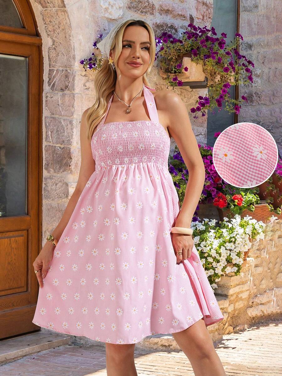 Beige Plaid & Daisy Print Halter Maternity Jumpsuit – Boho High Waist Backless Mini Romper with Shirred Details and Flared Hem