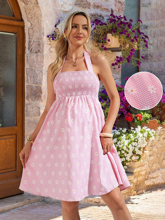 Beige Plaid & Daisy Print Halter Maternity Jumpsuit – Boho High Waist Backless Mini Romper with Shirred Details and Flared Hem