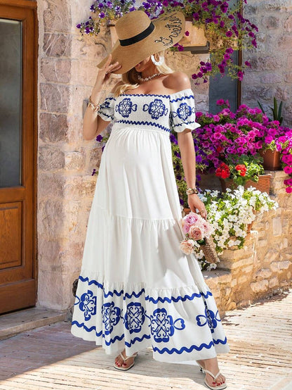 Blue and White Floral Off-Shoulder A-Line Maxi Dress - Elegant Boho High Waist Long Dress with Flounce Sleeves - Sexy Graphic Print Summer Dress