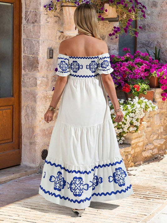 Blue and White Floral Off-Shoulder A-Line Maxi Dress - Elegant Boho High Waist Long Dress with Flounce Sleeves - Sexy Graphic Print Summer Dress