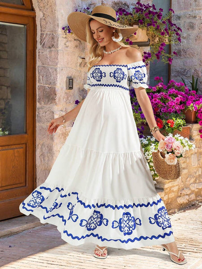 Blue and White Floral Off-Shoulder A-Line Maxi Dress - Elegant Boho High Waist Long Dress with Flounce Sleeves - Sexy Graphic Print Summer Dress