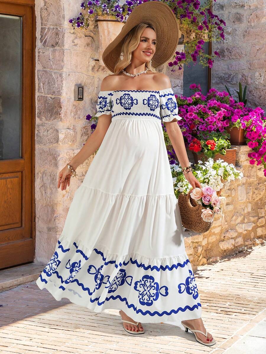 Blue and White Floral Off-Shoulder A-Line Maxi Dress - Elegant Boho High Waist Long Dress with Flounce Sleeves - Sexy Graphic Print Summer Dress
