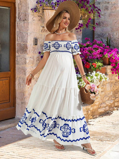 Blue and White Floral Off-Shoulder A-Line Maxi Dress - Elegant Boho High Waist Long Dress with Flounce Sleeves - Sexy Graphic Print Summer Dress