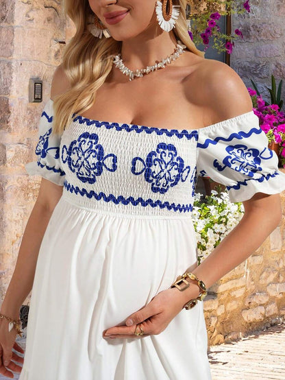 Blue and White Floral Off-Shoulder A-Line Maxi Dress - Elegant Boho High Waist Long Dress with Flounce Sleeves - Sexy Graphic Print Summer Dress