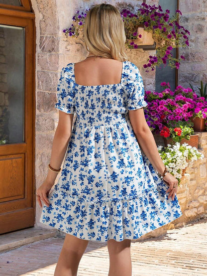 Blue Floral Cinching Waist Maternity Mini Dress - Boho Puff Sleeve High Waist A-Line Summer Dress - Bump Friendly Picnic Outfit for Pregnant Women