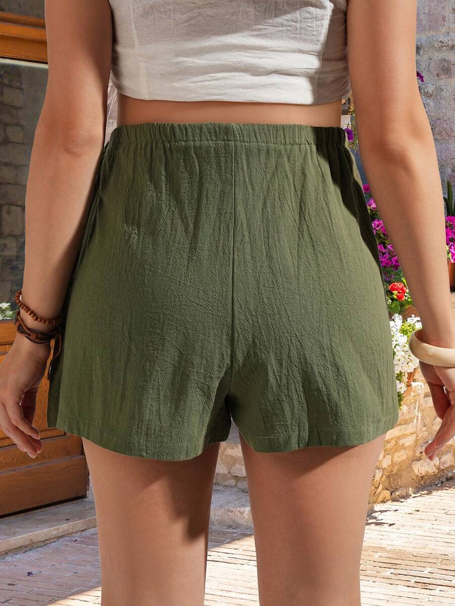 Fashionable Asymmetric Tie-Up Avocado Green 2-in-1 Short Set for Women - Casual Lightweight Cotton Skort - Summer Loose Fit Army Green Mini Shorts