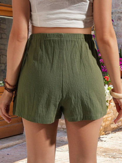 Fashionable Asymmetric Tie-Up Avocado Green 2-in-1 Short Set for Women - Casual Lightweight Cotton Skort - Summer Loose Fit Army Green Mini Shorts