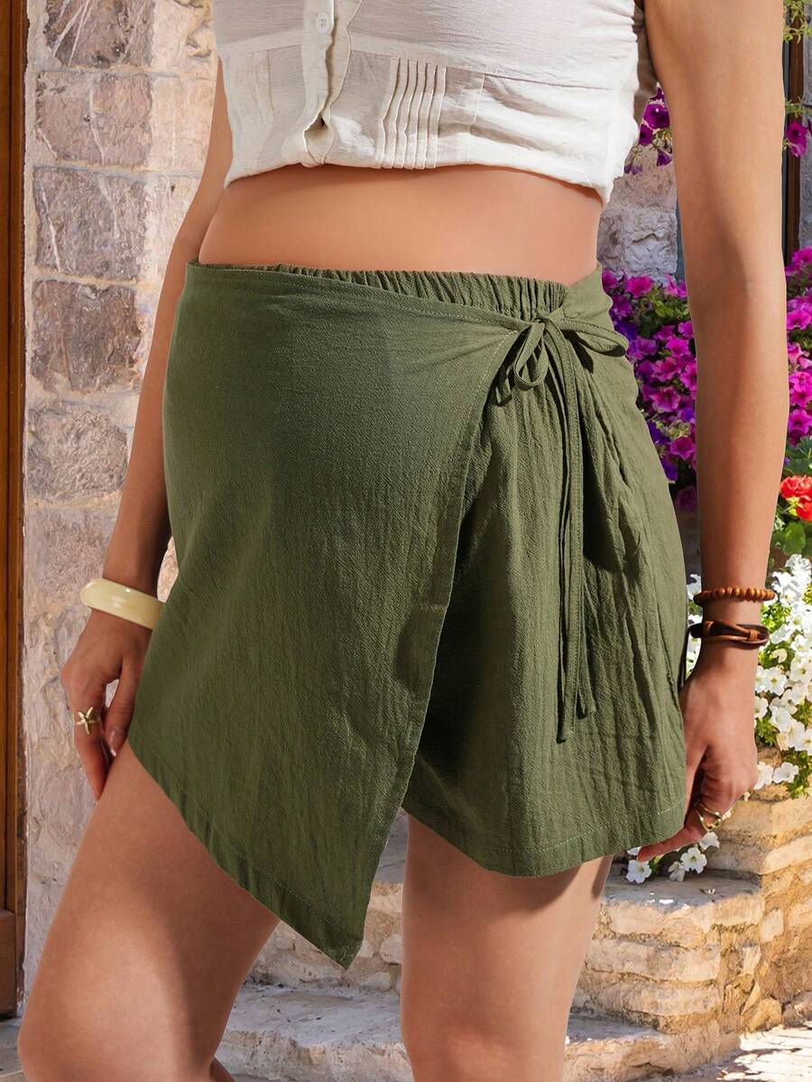Fashionable Asymmetric Tie-Up Avocado Green 2-in-1 Short Set for Women - Casual Lightweight Cotton Skort - Summer Loose Fit Army Green Mini Shorts