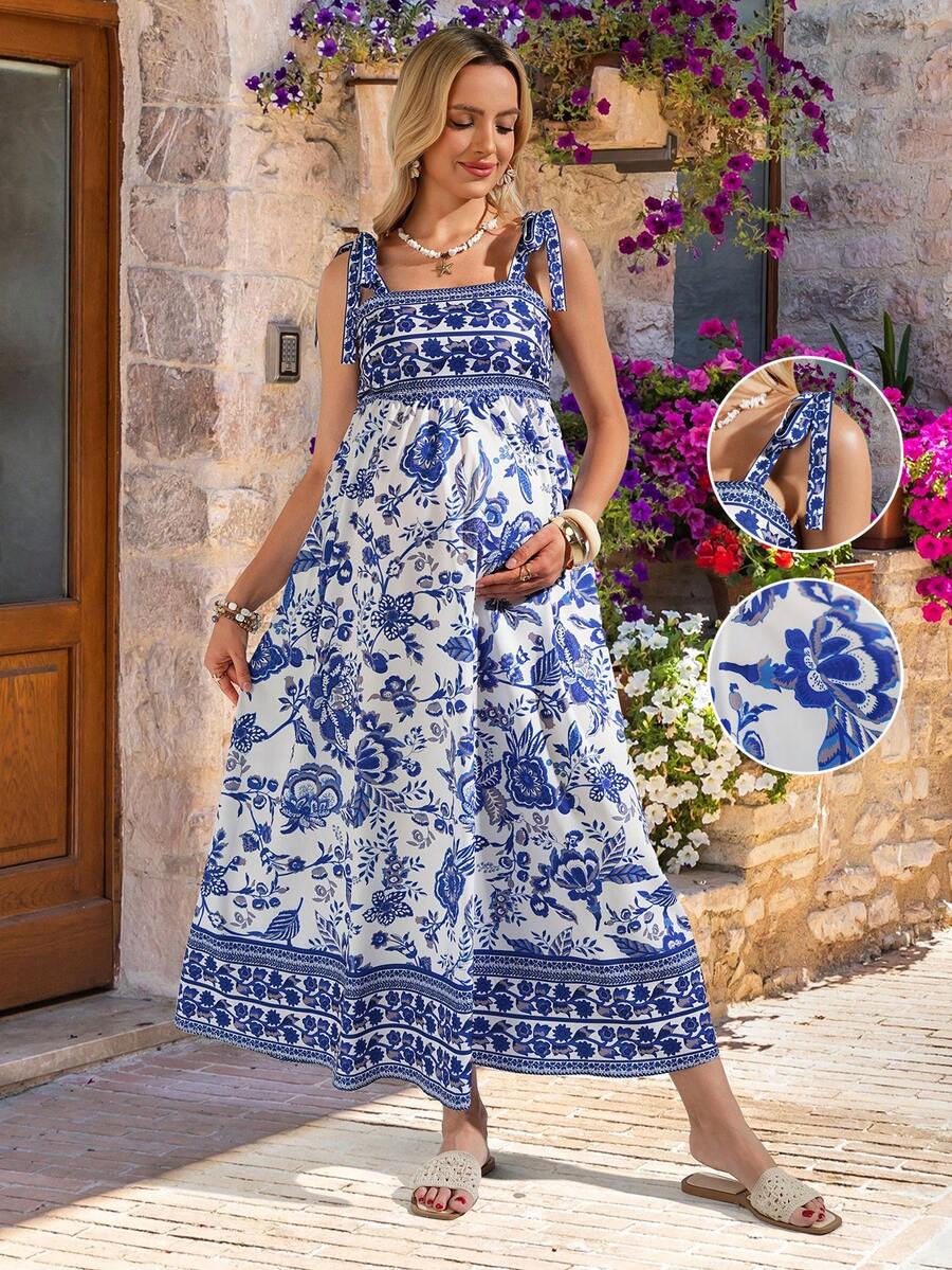 Blue Floral Boho Maternity Midi Dress - Square Neck Shirred Smocked A-Line Swing Dress - Summer Vacation Sleeveless Puff Sleeve Resort Wear