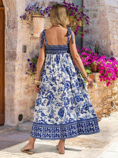 Blue Floral Boho Maternity Midi Dress - Square Neck Shirred Smocked A-Line Swing Dress - Summer Vacation Sleeveless Puff Sleeve Resort Wear