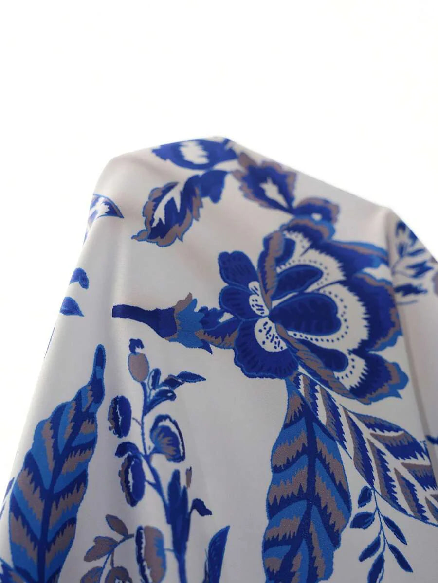 Blue Floral Boho Maternity Midi Dress - Square Neck Shirred Smocked A-Line Swing Dress - Summer Vacation Sleeveless Puff Sleeve Resort Wear