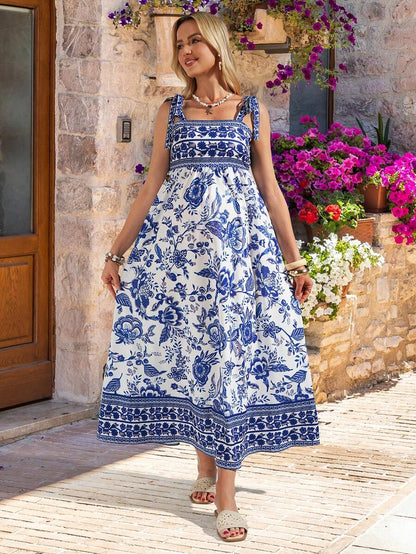 Blue Floral Boho Maternity Midi Dress - Square Neck Shirred Smocked A-Line Swing Dress - Summer Vacation Sleeveless Puff Sleeve Resort Wear