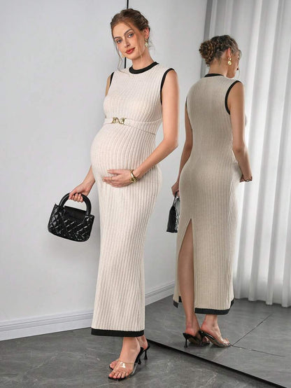 Maternity Fitted Dress - Round Neck, Metal Waist Buckle, Back Slit, Slim Fit, Apricot