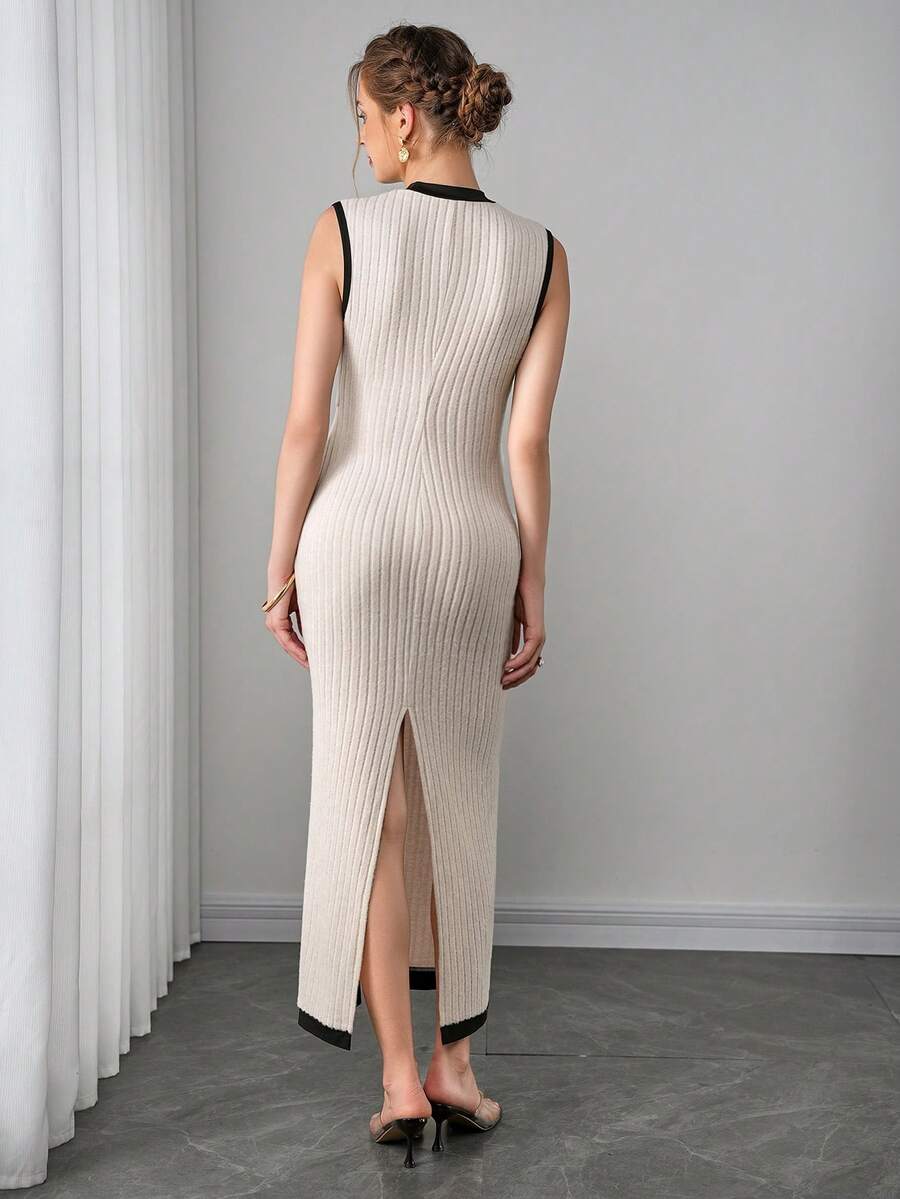 Maternity Fitted Dress - Round Neck, Metal Waist Buckle, Back Slit, Slim Fit, Apricot