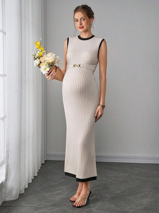 Maternity Fitted Dress - Round Neck, Metal Waist Buckle, Back Slit, Slim Fit, Apricot