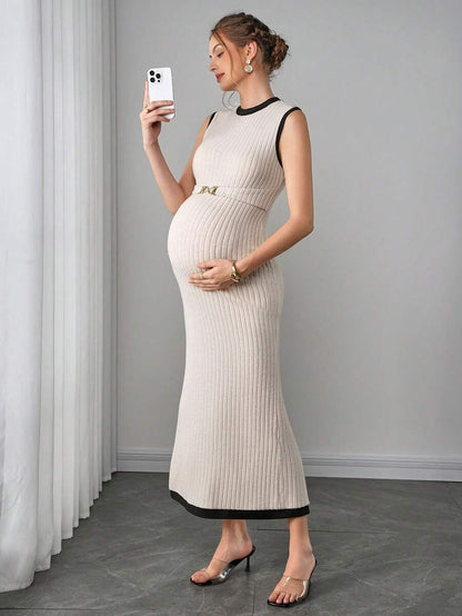 Maternity Fitted Dress - Round Neck, Metal Waist Buckle, Back Slit, Slim Fit, Apricot