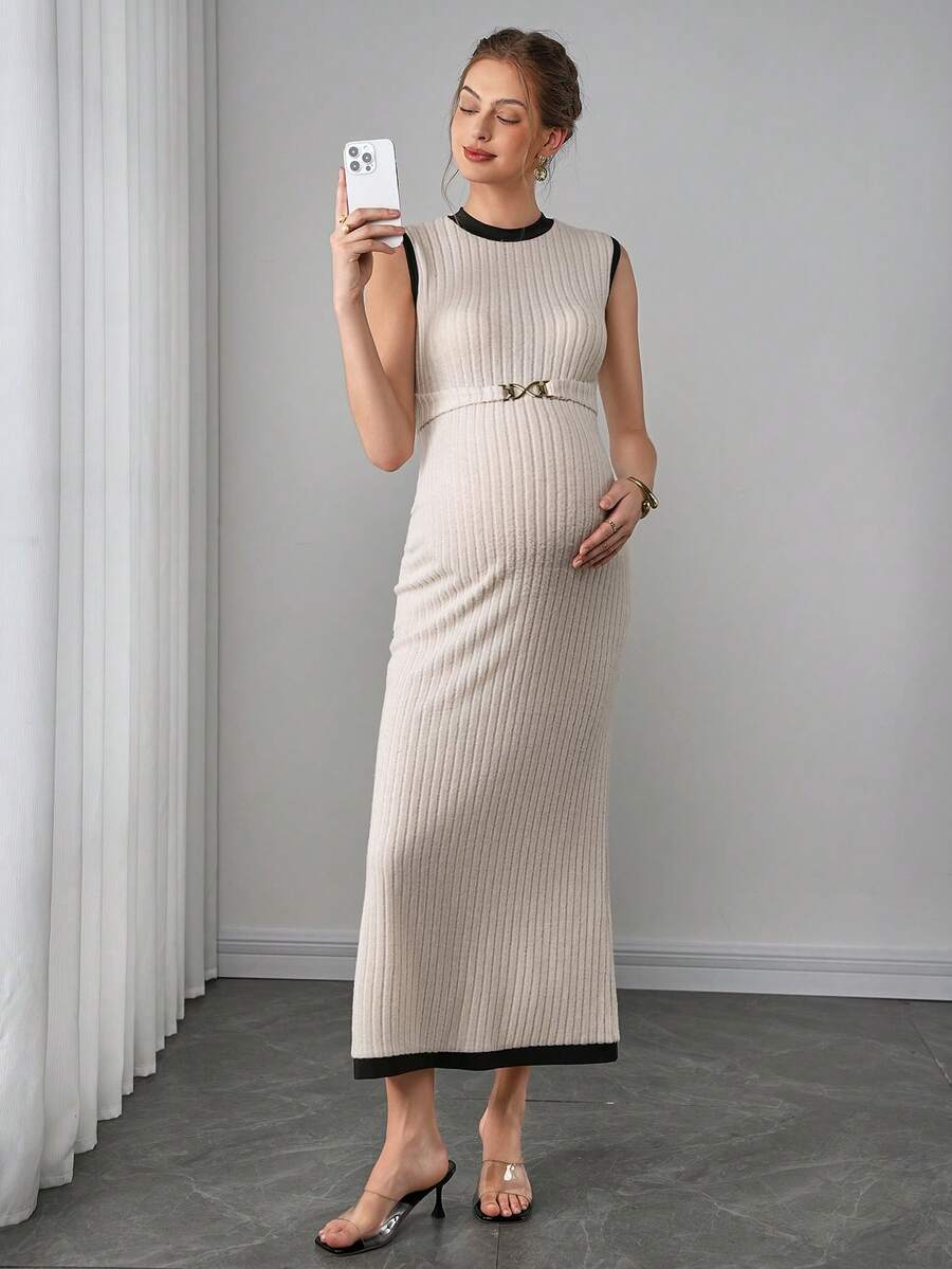 Maternity Fitted Dress - Round Neck, Metal Waist Buckle, Back Slit, Slim Fit, Apricot