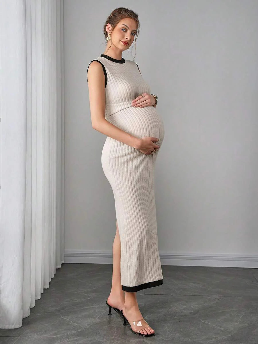 Maternity Fitted Dress - Round Neck, Metal Waist Buckle, Back Slit, Slim Fit, Apricot