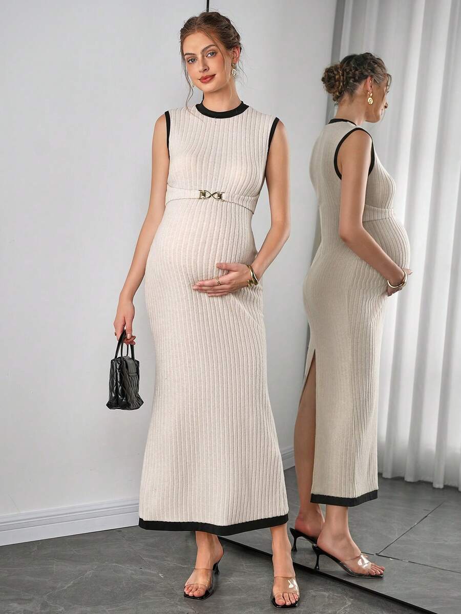 Maternity Fitted Dress - Round Neck, Metal Waist Buckle, Back Slit, Slim Fit, Apricot